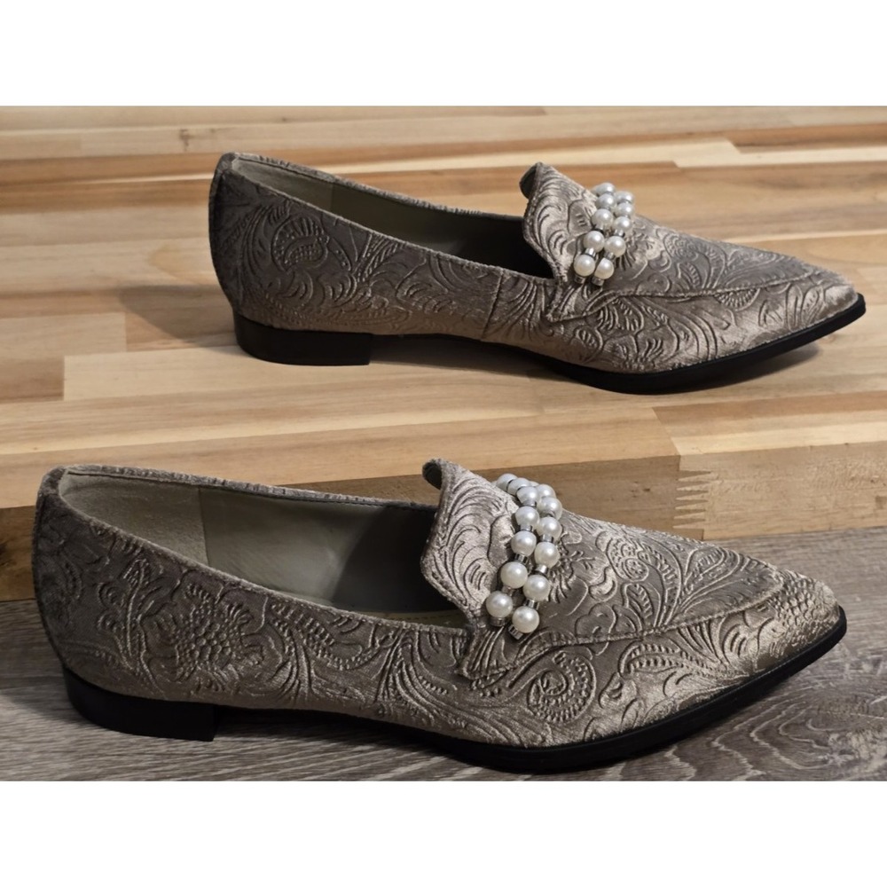 Marc Fisher Silver Gray Floral Brocade Velvet Loafers Beaded Size 5M Moto Boho - Picture 2 of 10